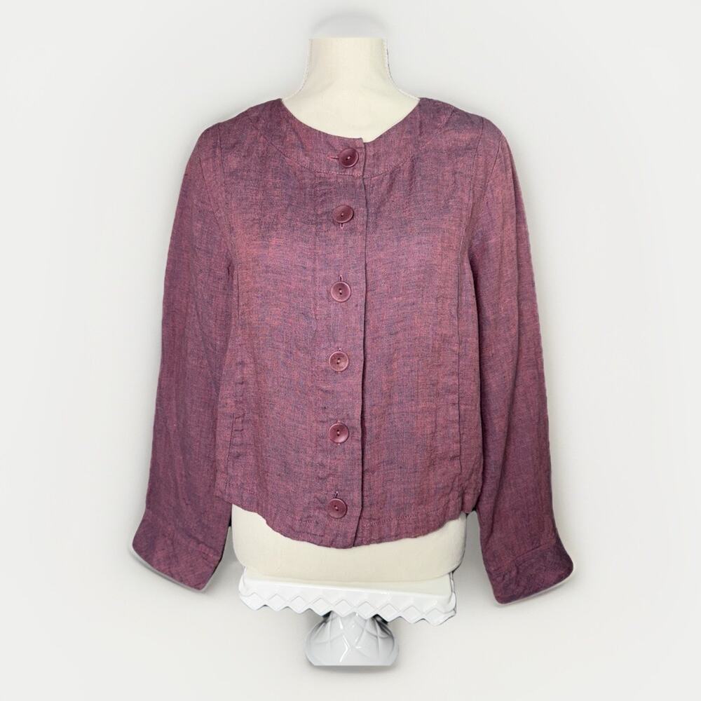 NWT FLAX P Sz 6-10 Linen Purple Berry Yarn Dye Button Shacket Pocket Long Sleeve - Picture 4 of 14